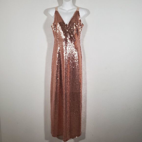 Francesca's Collections Dress Small Gold Sequined Maxi Madeline Gown Gala Prom - Picture 2 of 14